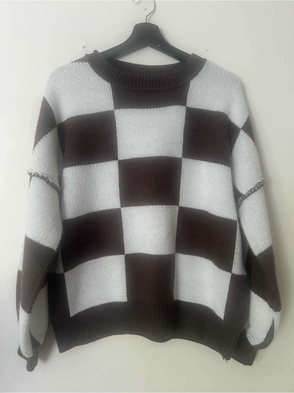 Brown/white Checkerboard Crewneck Sweater, women’s M, oversize autumn wear Y2K